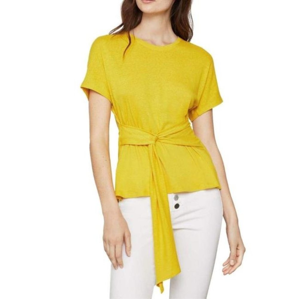 *NWT* BCBGMaxAzria Sulphur Yellow Linen-Blend Knotted-Waist Tee - Size XXS